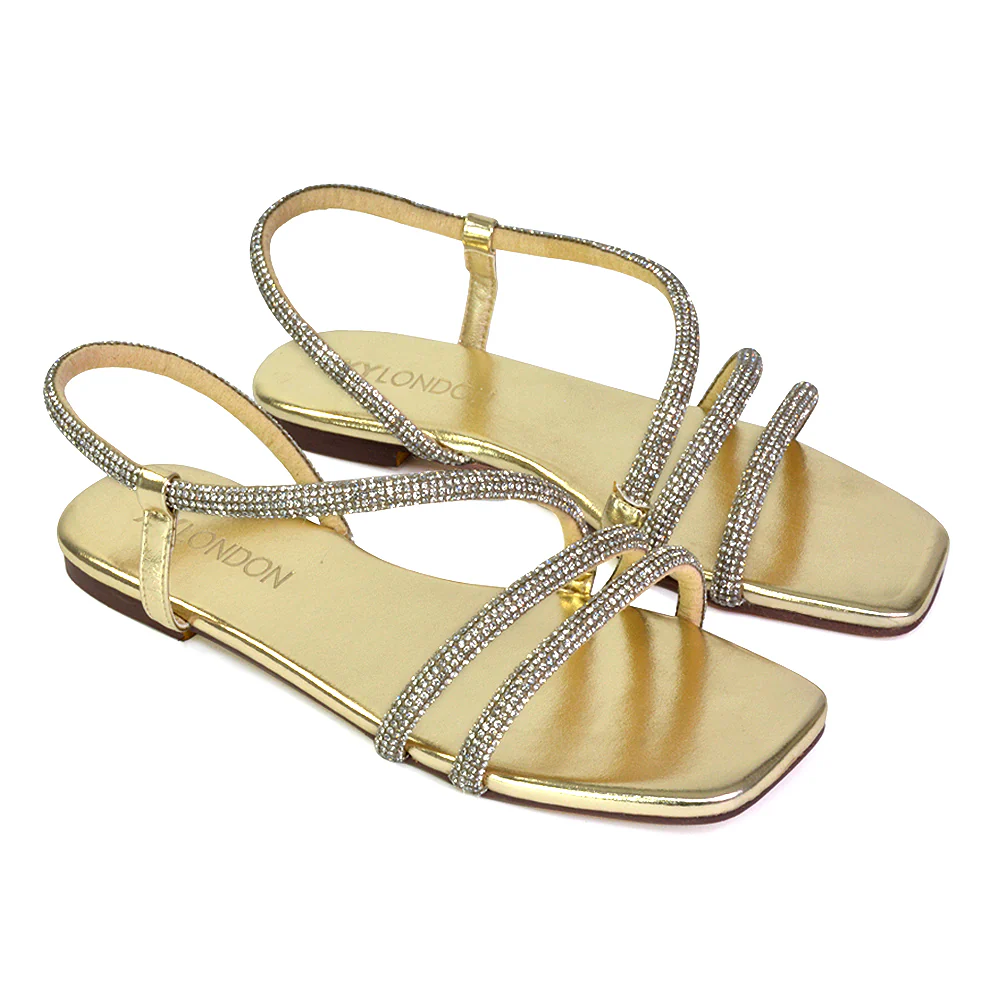 Dove Sparkly Low Heel Square Toe Strappy Diamante Flat Sandals in Silver - Image 42