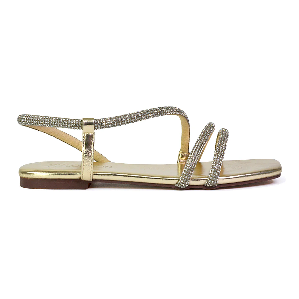 Dove Sparkly Low Heel Square Toe Strappy Diamante Flat Sandals in Silver - Image 55