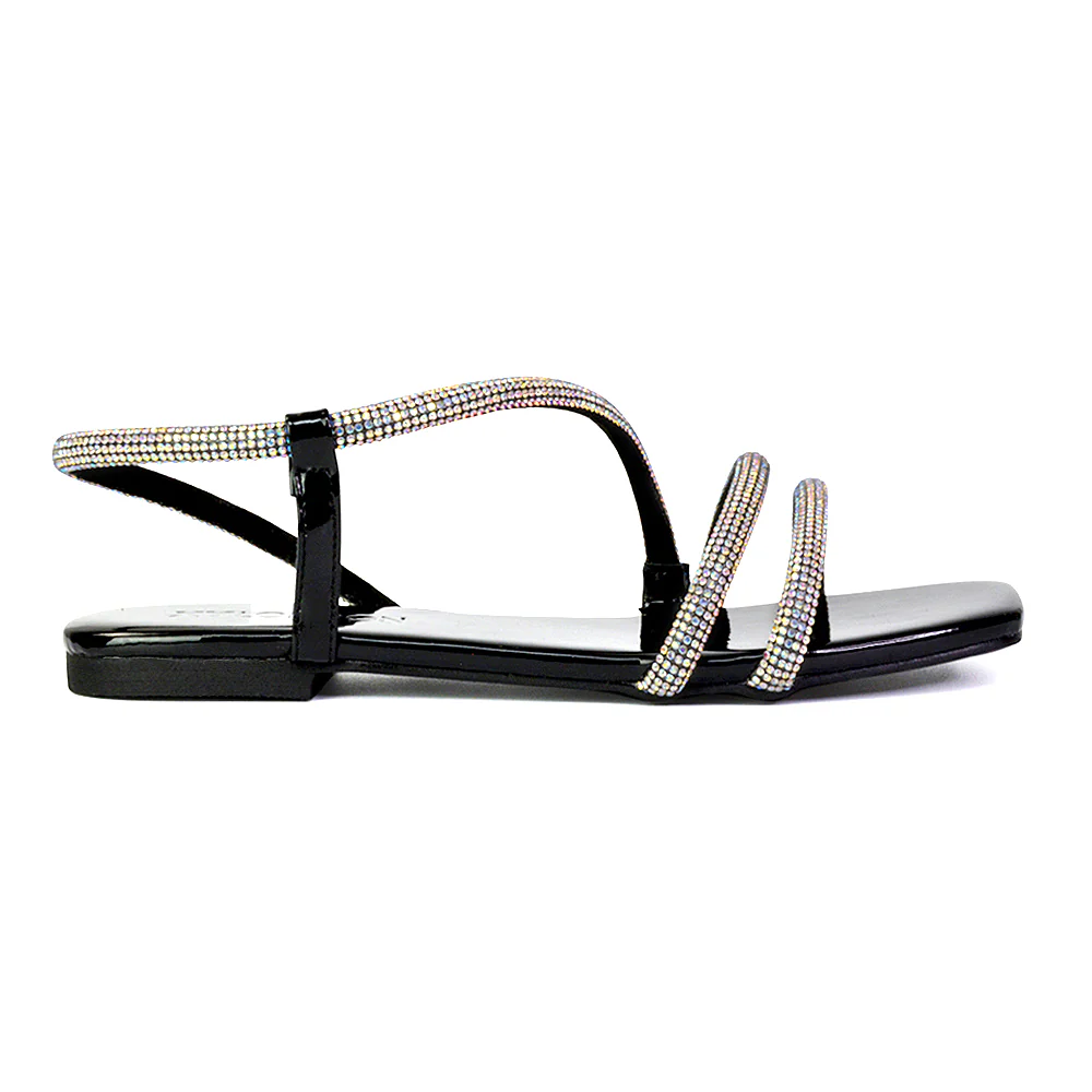Dove Sparkly Low Heel Square Toe Strappy Diamante Flat Sandals in Silver - Image 94