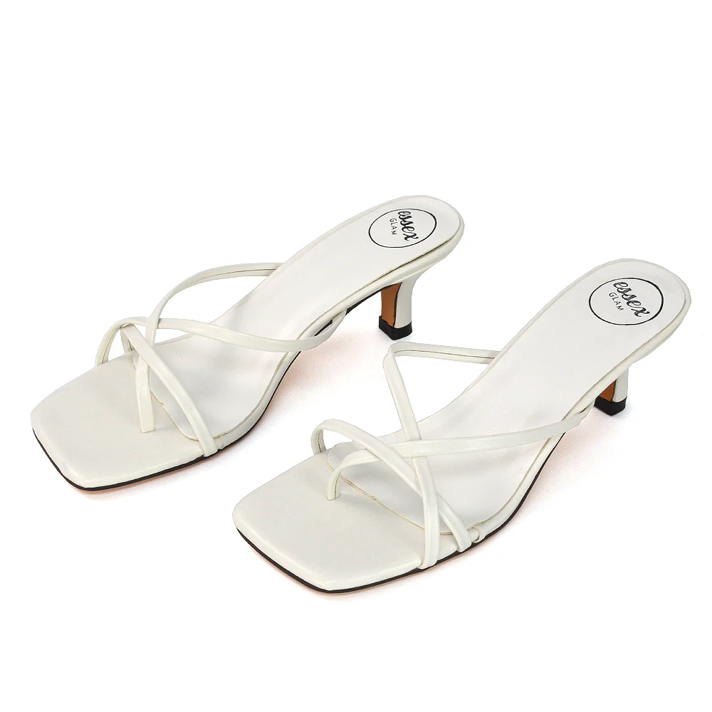 Dream Strappy Square Toe Post Low Stiletto Kitten High Heel Slip on Mule Sandals in Nude - Image 96