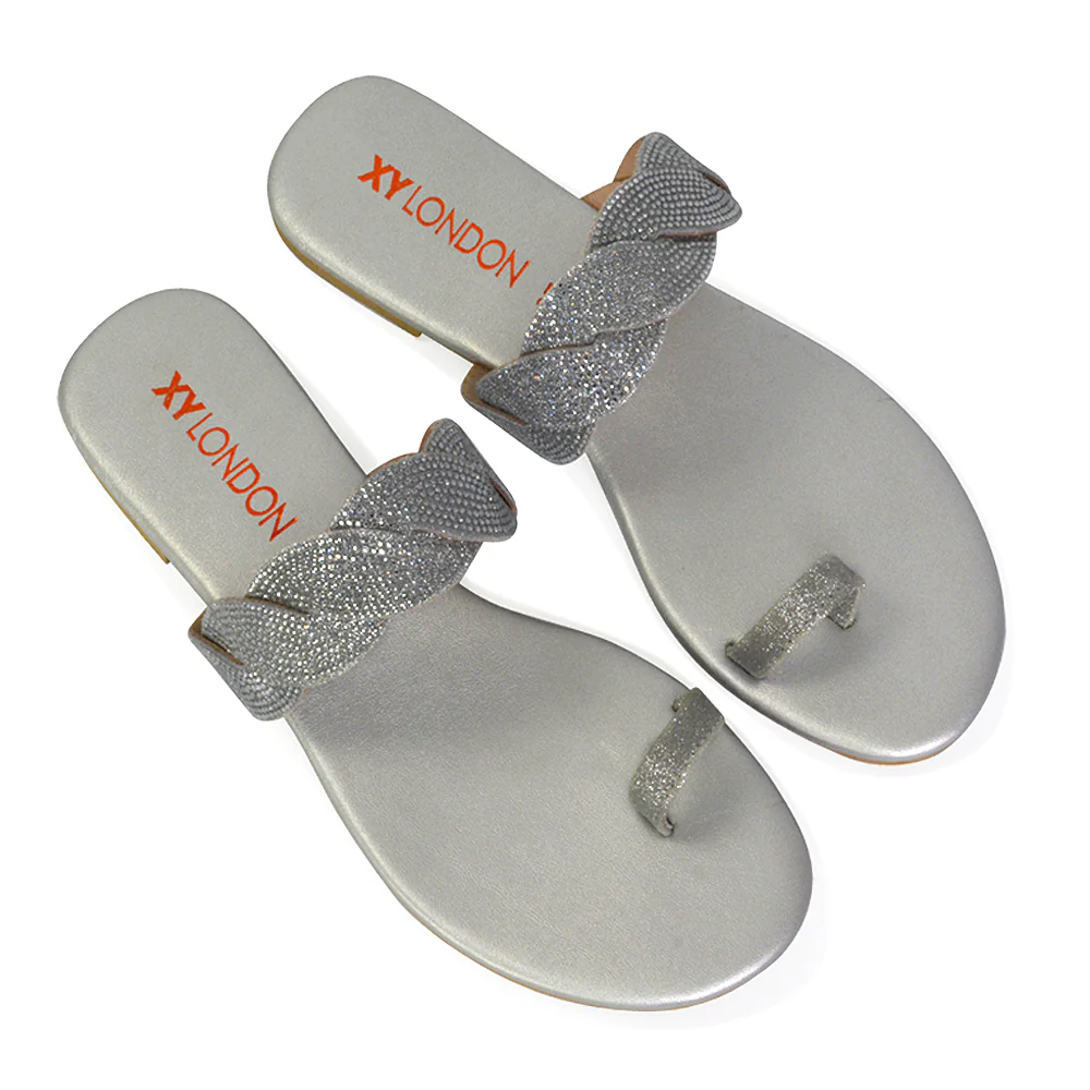 Dreamer Diamante Strap Toe Post Ring Flat Summer Woven Sandal Sliders in Black - Image 20