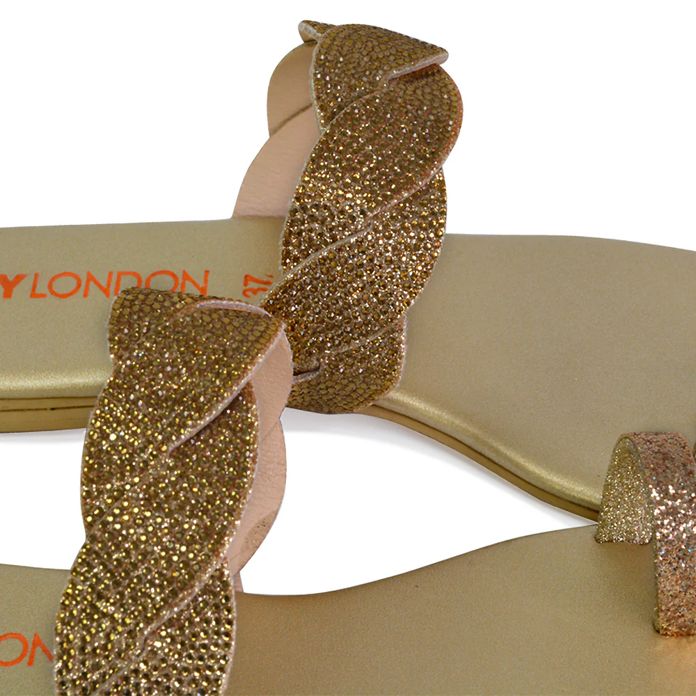 Dreamer Diamante Strap Toe Post Ring Flat Summer Woven Sandal Sliders in Gold - Image 2