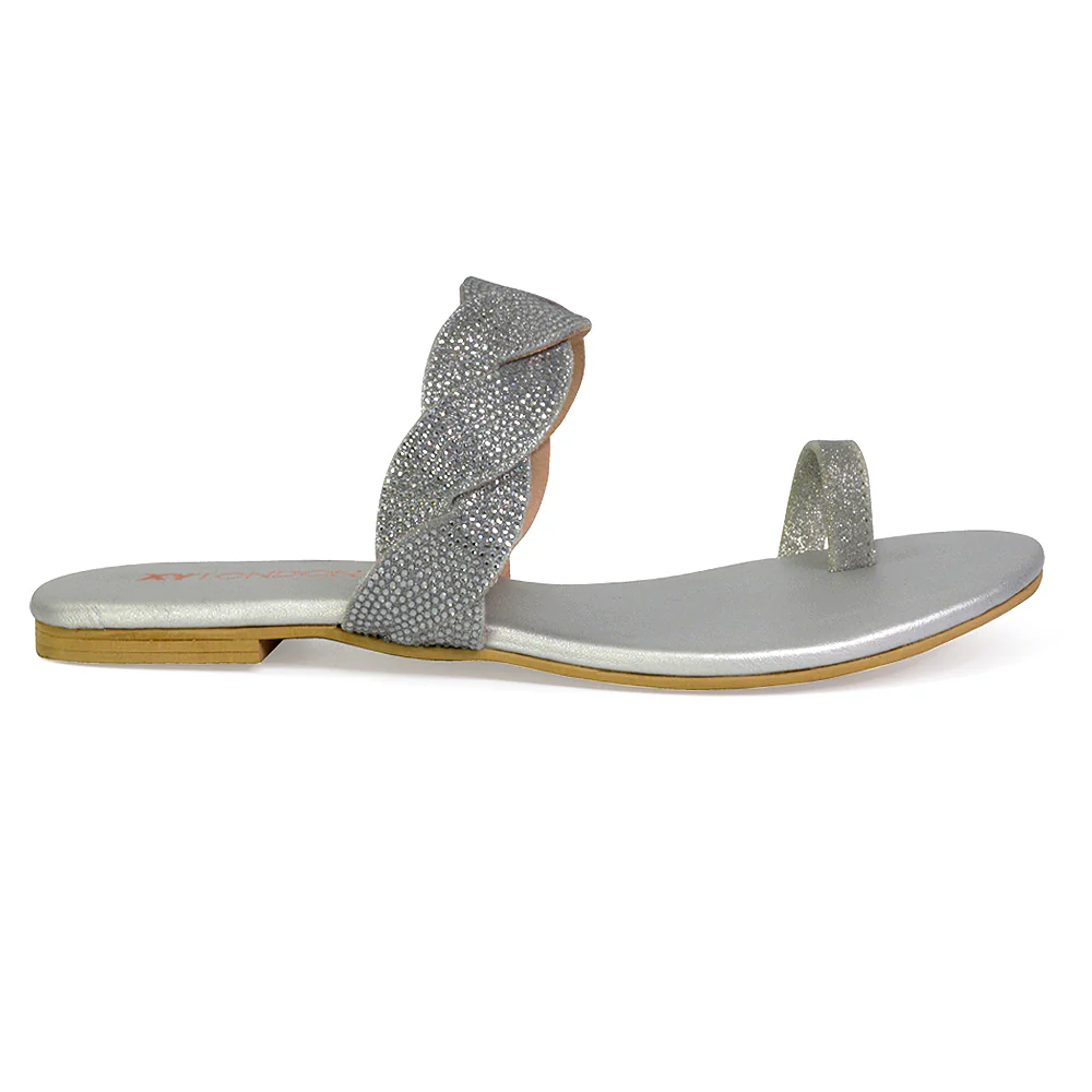 Dreamer Diamante Strap Toe Post Ring Flat Summer Woven Sandal Sliders in Gold - Image 33