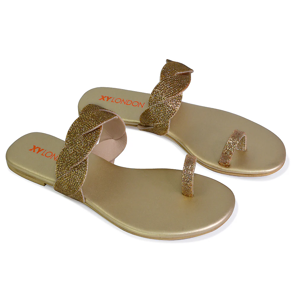 Dreamer Diamante Strap Toe Post Ring Flat Summer Woven Sandal Sliders in Gold - Image 44