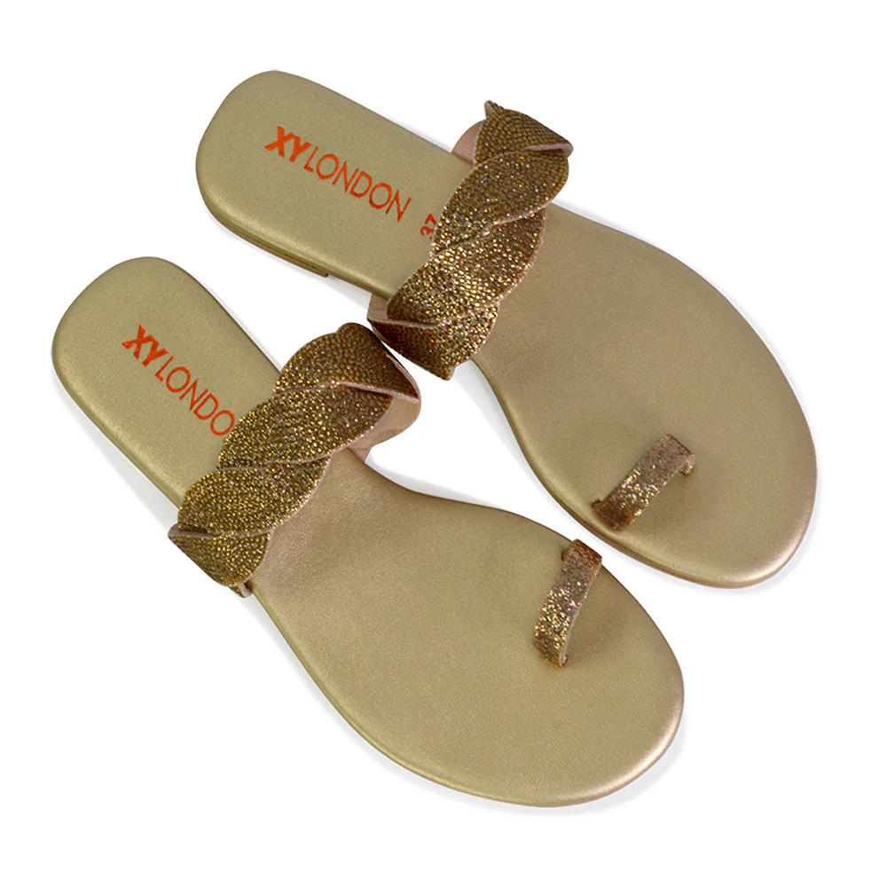 Dreamer Diamante Strap Toe Post Ring Flat Summer Woven Sandal Sliders in Gold - Image 55