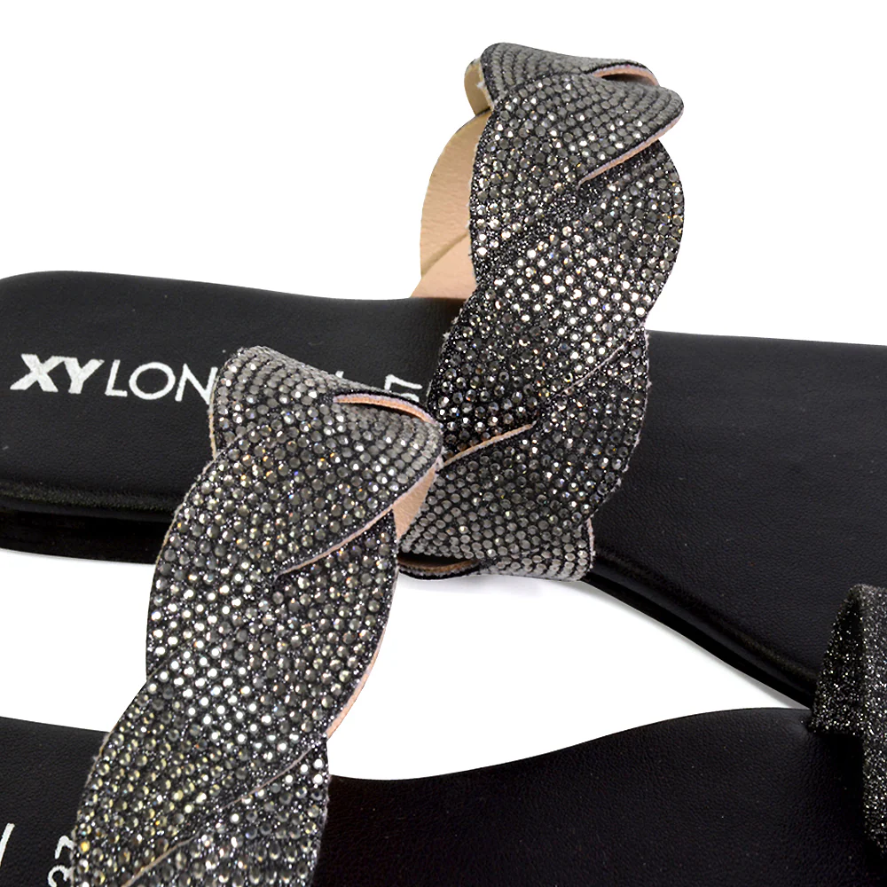 Dreamer Diamante Strap Toe Post Ring Flat Summer Woven Sandal Sliders in Gold - Image 67