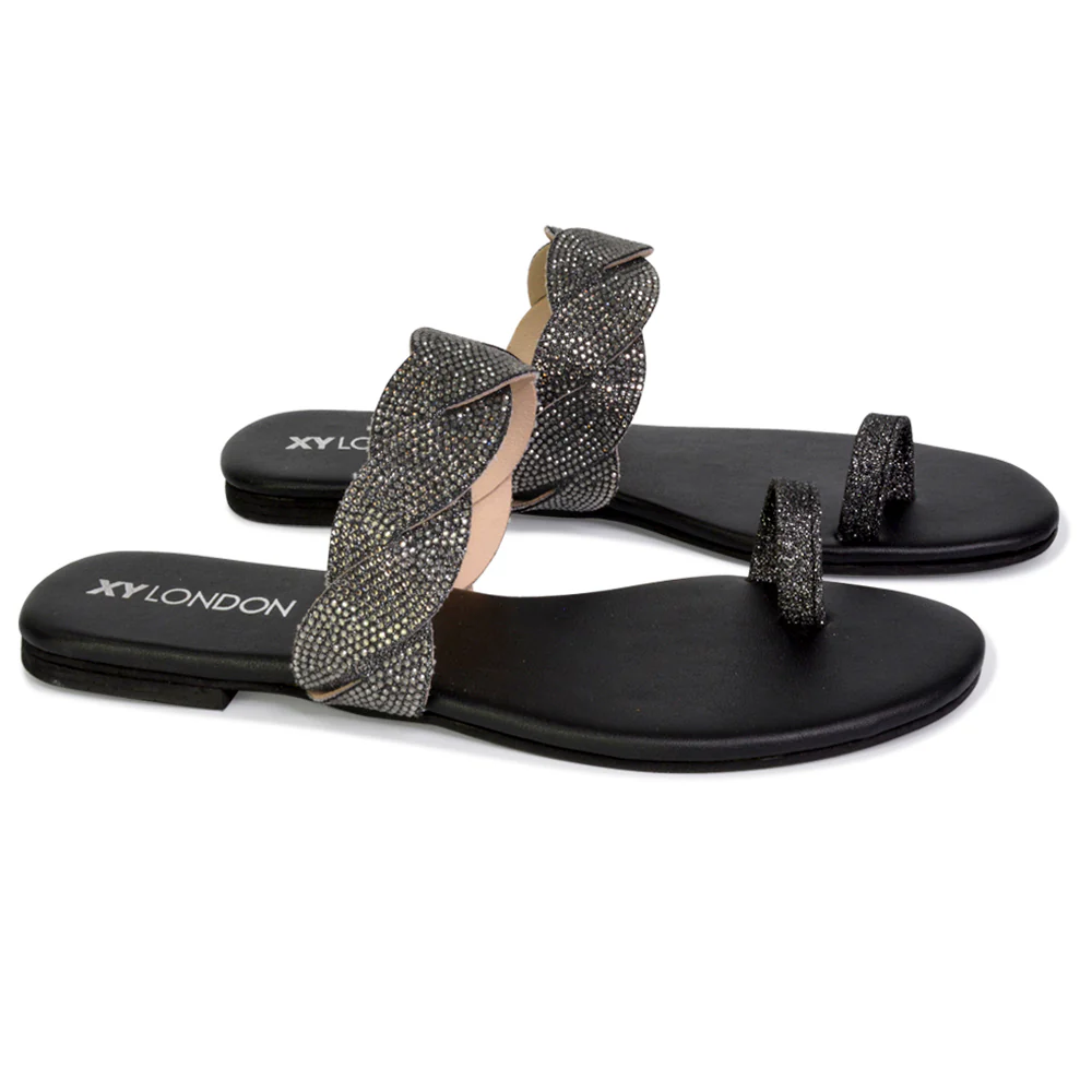 Dreamer Diamante Strap Toe Post Ring Flat Summer Woven Sandal Sliders in Gold - Image 81