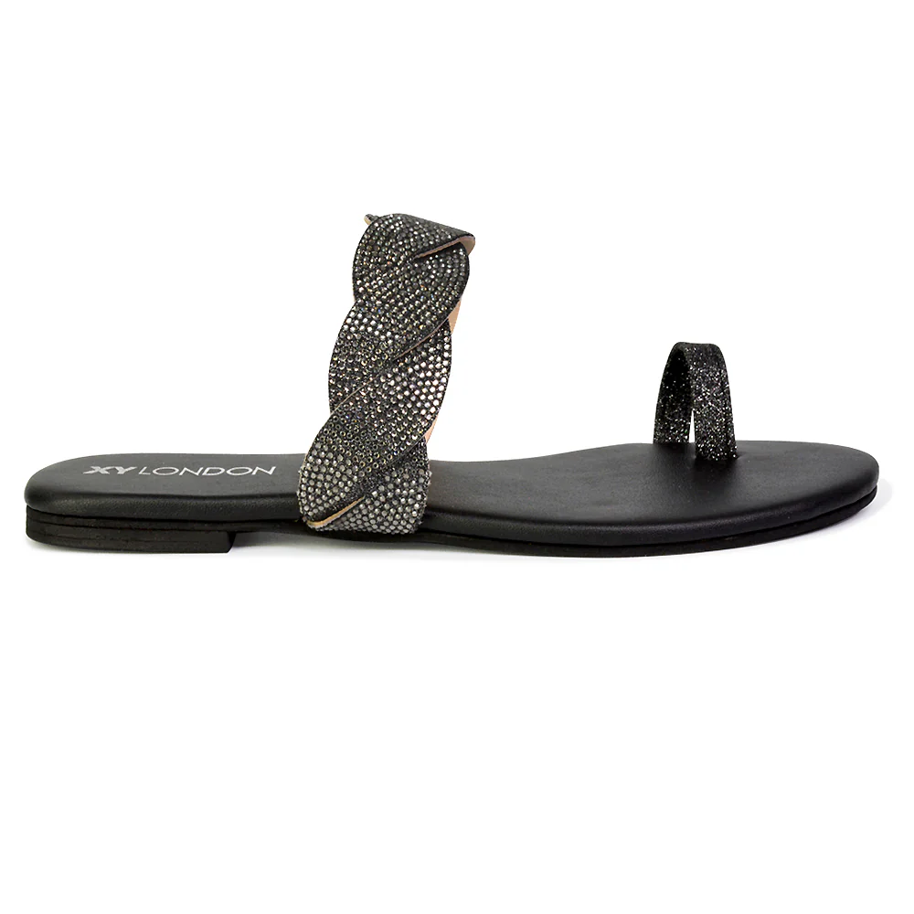 Dreamer Diamante Strap Toe Post Ring Flat Summer Woven Sandal Sliders in Gold - Image 88