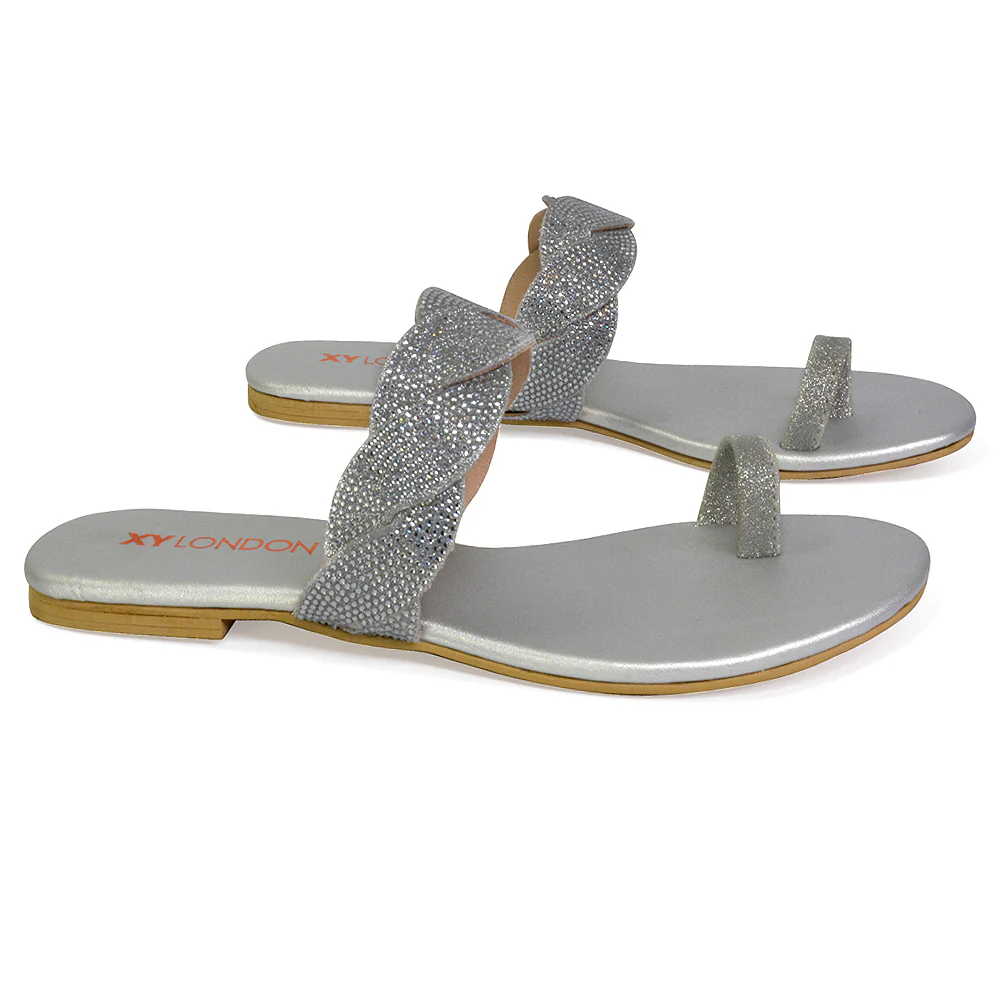 Dreamer Diamante Strap Toe Post Ring Flat Summer Woven Sandal Sliders in Gold - Image 9