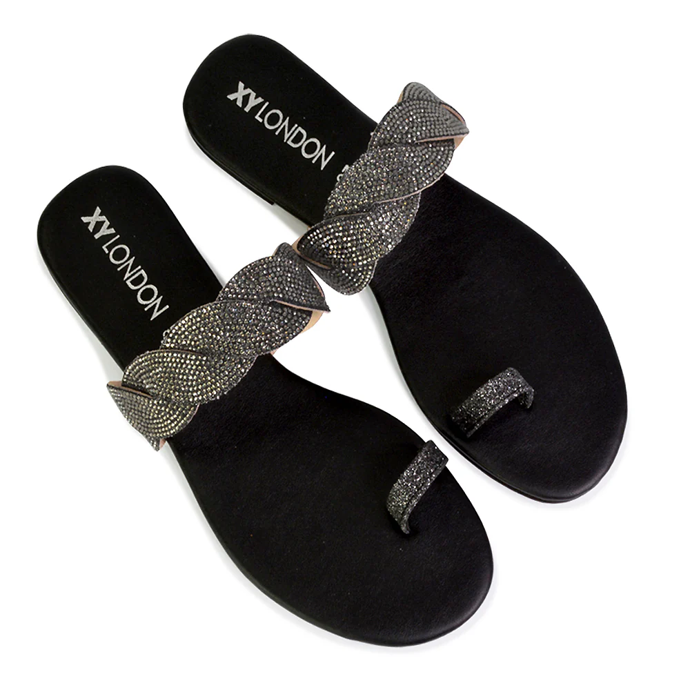 Dreamer Diamante Strap Toe Post Ring Flat Summer Woven Sandal Sliders in Gold - Image 95