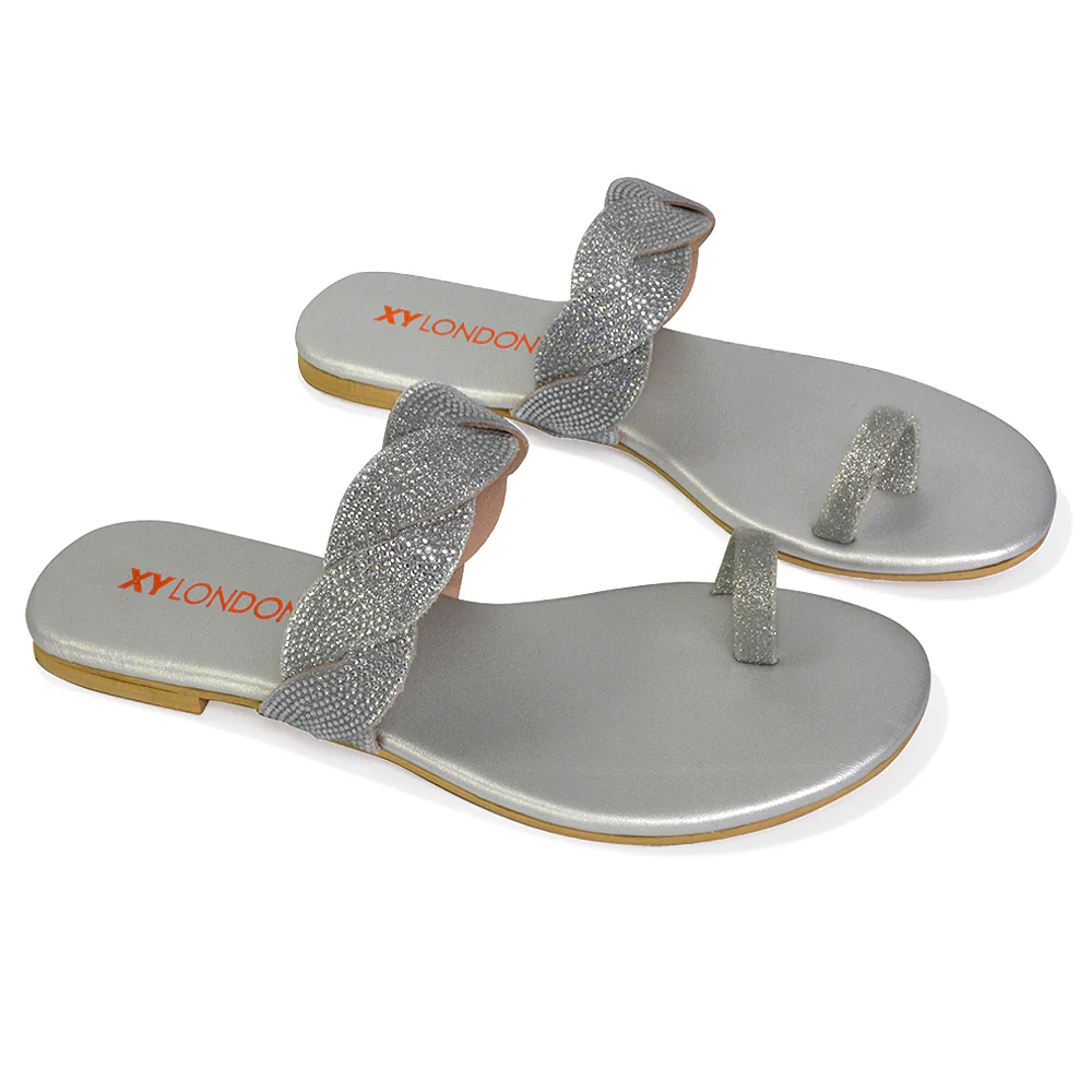 Dreamer Womens Flat Woven Diamante Strap Summer Slider Sandals in Silver - Image 21