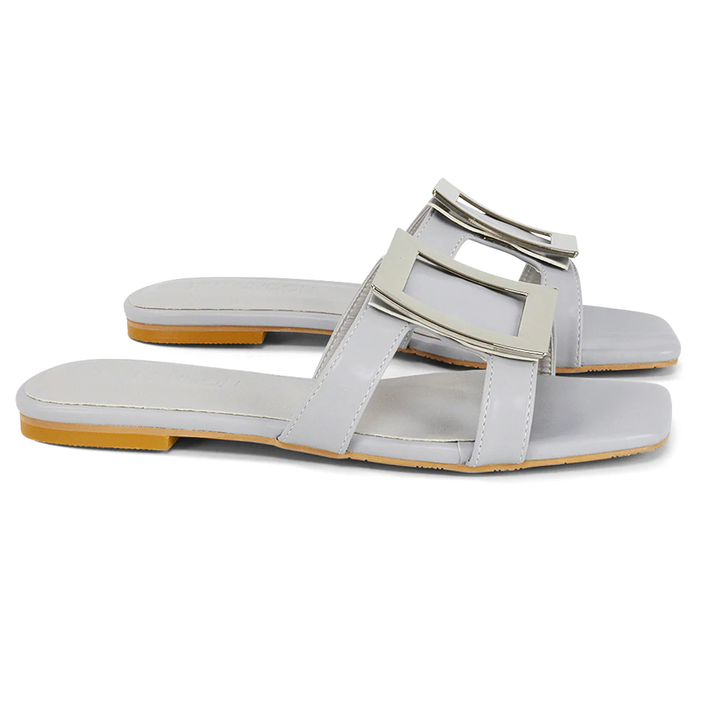 Dulce Cut Out Buckle Detail Strappy Square Toe Flat Slip on Sandal in Black - Image 13