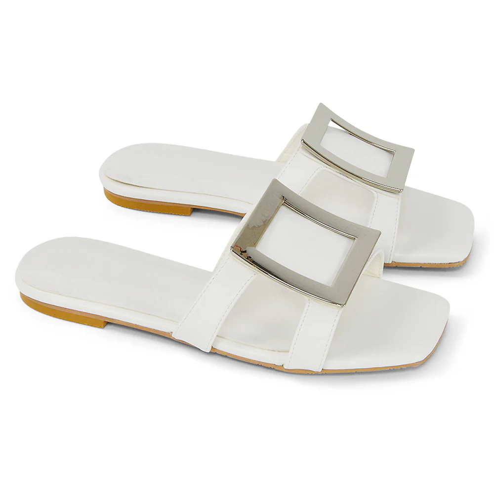 Dulce Cut Out Buckle Detail Strappy Square Toe Flat Slip on Sandal in Black - Image 59