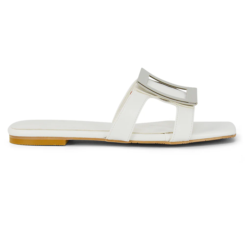 Dulce Cut Out Buckle Detail Strappy Square Toe Flat Slip on Sandal in Black - Image 66