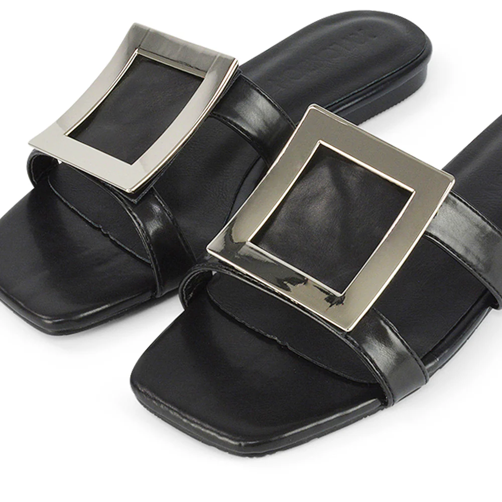 Dulce Cut Out Buckle Detail Strappy Square Toe Flat Slip on Sandal in Blue - Image 108