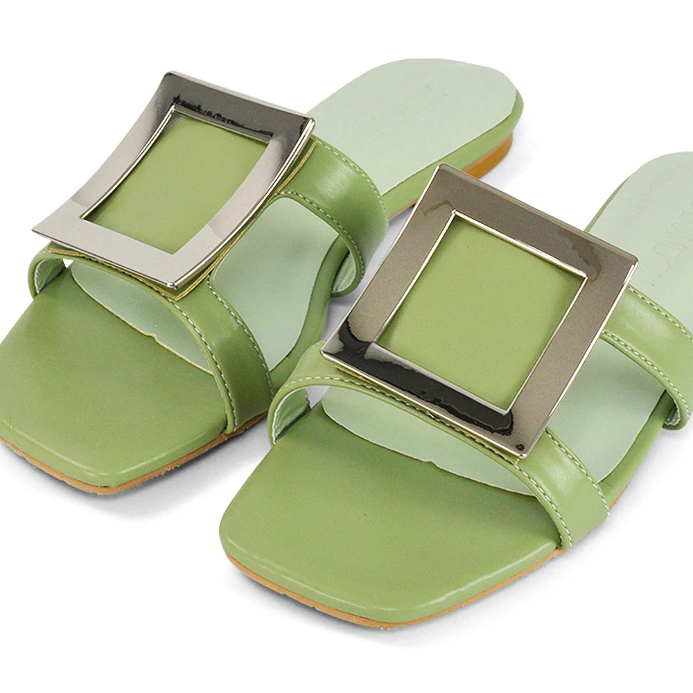 Dulce Cut Out Buckle Detail Strappy Square Toe Flat Slip on Sandal in Blue - Image 36