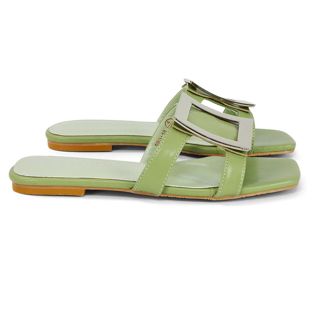 Dulce Cut Out Buckle Detail Strappy Square Toe Flat Slip on Sandal in Blue - Image 49