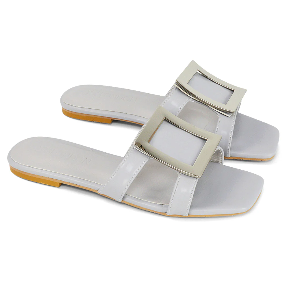 Dulce Cut Out Buckle Detail Strappy Square Toe Flat Slip on Sandal in Mint - Image 11