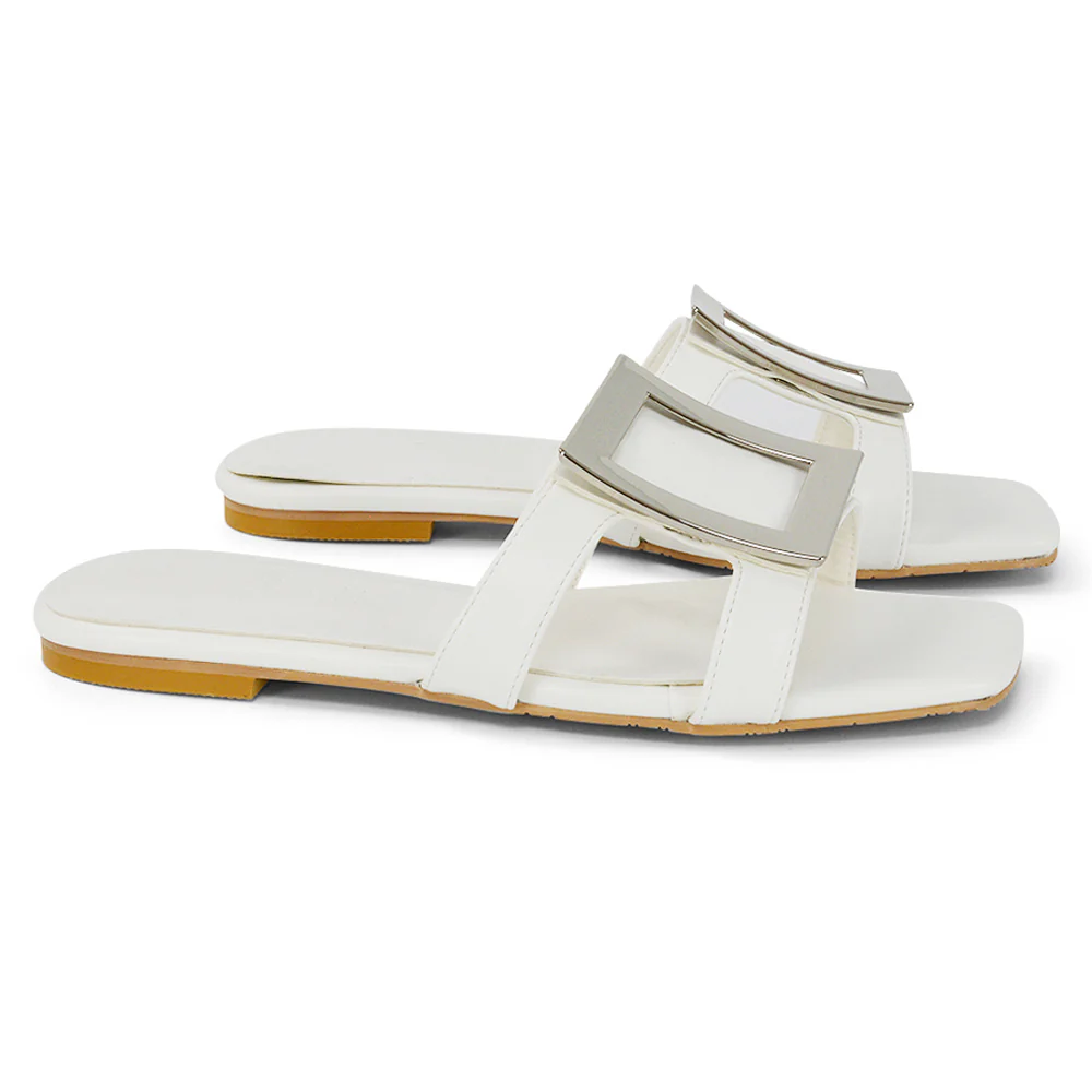Dulce Cut Out Buckle Detail Strappy Square Toe Flat Slip on Sandal in Mint - Image 57