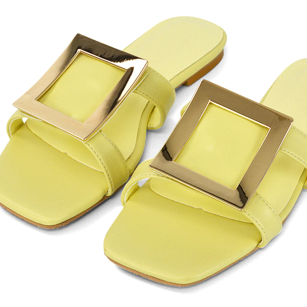 Dulce Cut Out Buckle Detail Strappy Square Toe Flat Slip on Sandal in Mint - Image 96
