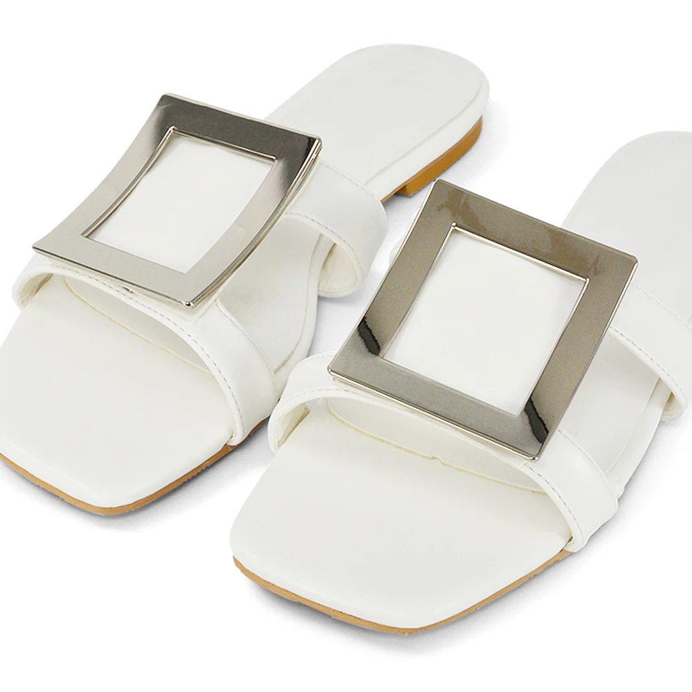Dulce Cut Out Buckle Detail Strappy Square Toe Flat Slip on Sandal in White - Image 4