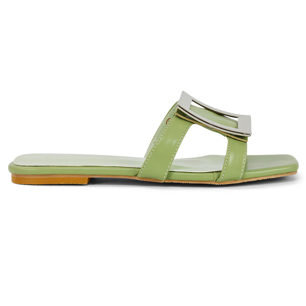 Dulce Cut Out Buckle Detail Strappy Square Toe Flat Slip on Sandal in White - Image 46