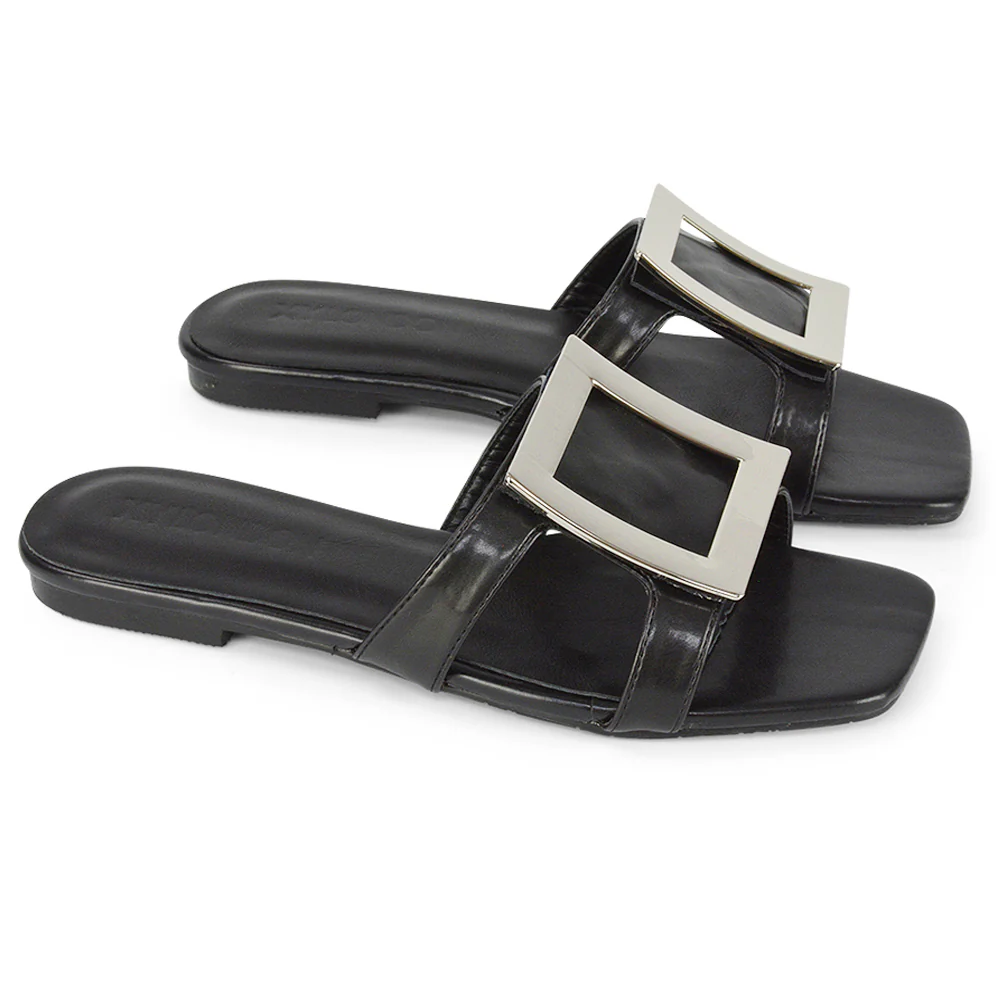 Dulce Cut Out Buckle Detail Strappy Square Toe Flat Slip on Sandal in Yellow - Image 115
