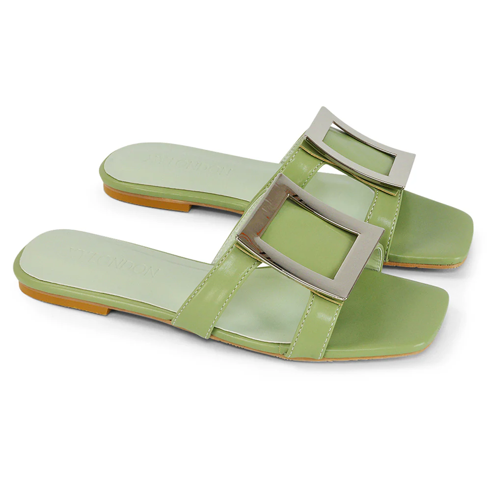 Dulce Cut Out Buckle Detail Strappy Square Toe Flat Slip on Sandal in Yellow - Image 43