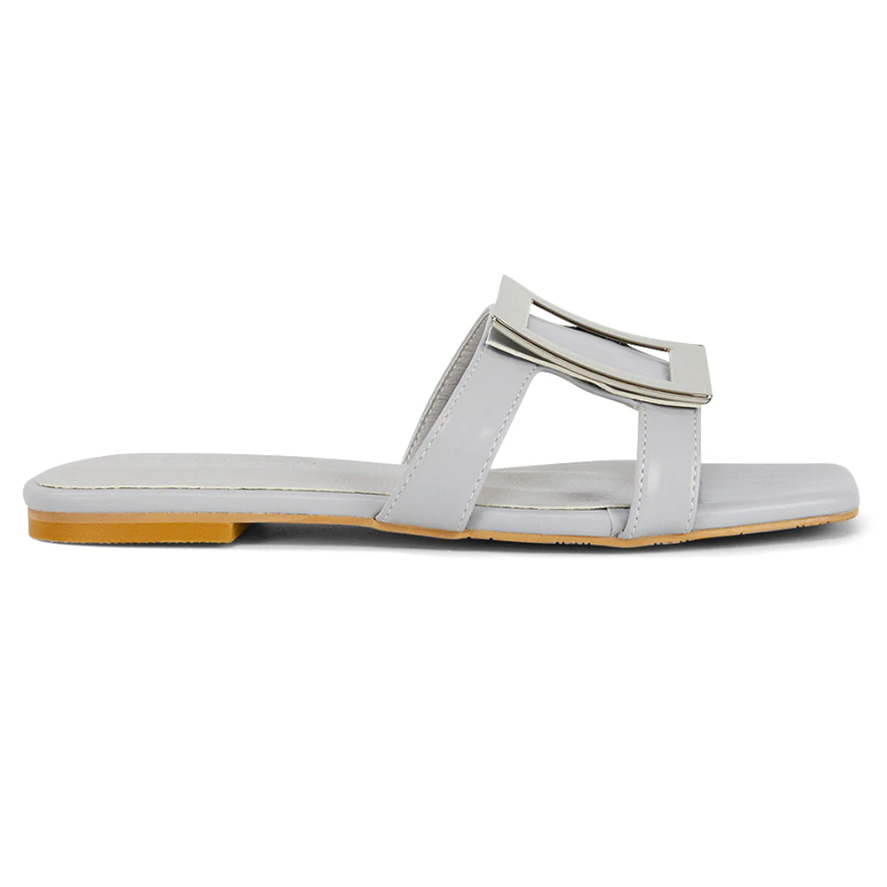Dulce Cut Out Buckle Detail Strappy Square Toe Flat Slip on Sandal in Yellow - Image 6