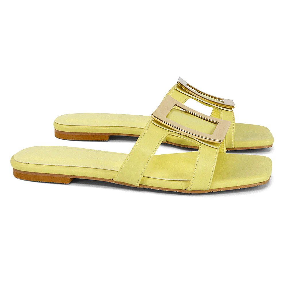 Dulce Cut Out Buckle Detail Strappy Square Toe Flat Slip on Sandal in Yellow - Image 85