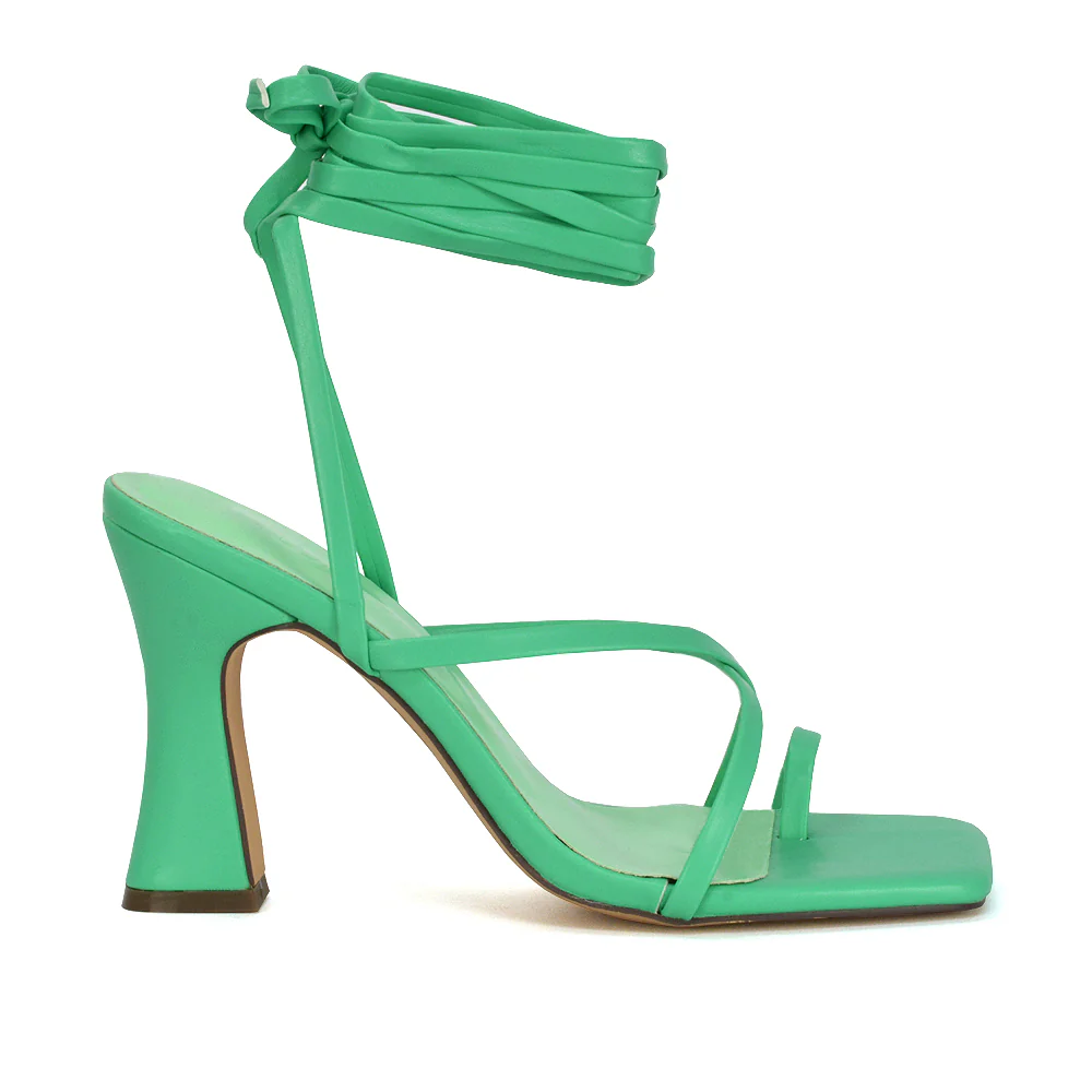 Dylan Square Toe Lace up Strappy Block High Heel Sandals in Green Synthetic Leather - Image 28