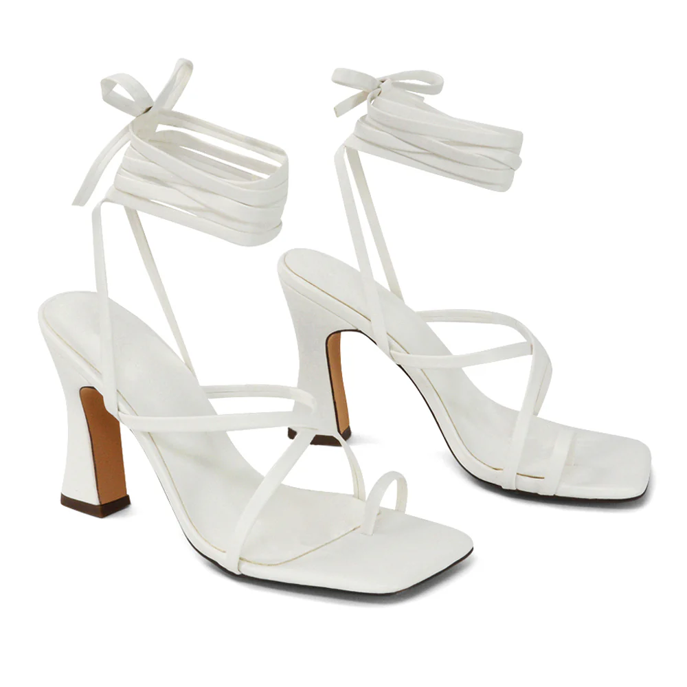 Dylan Womens Square Toe Lace Up Strappy Block Heel Sandals in Nude Synthetic Leather - Image 47