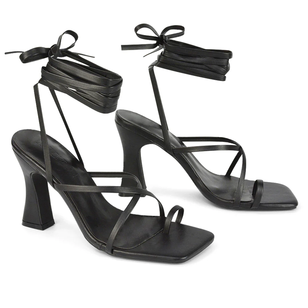 Dylan Womens Square Toe Lace Up Strappy Block Heel Sandals in Nude Synthetic Leather - Image 7