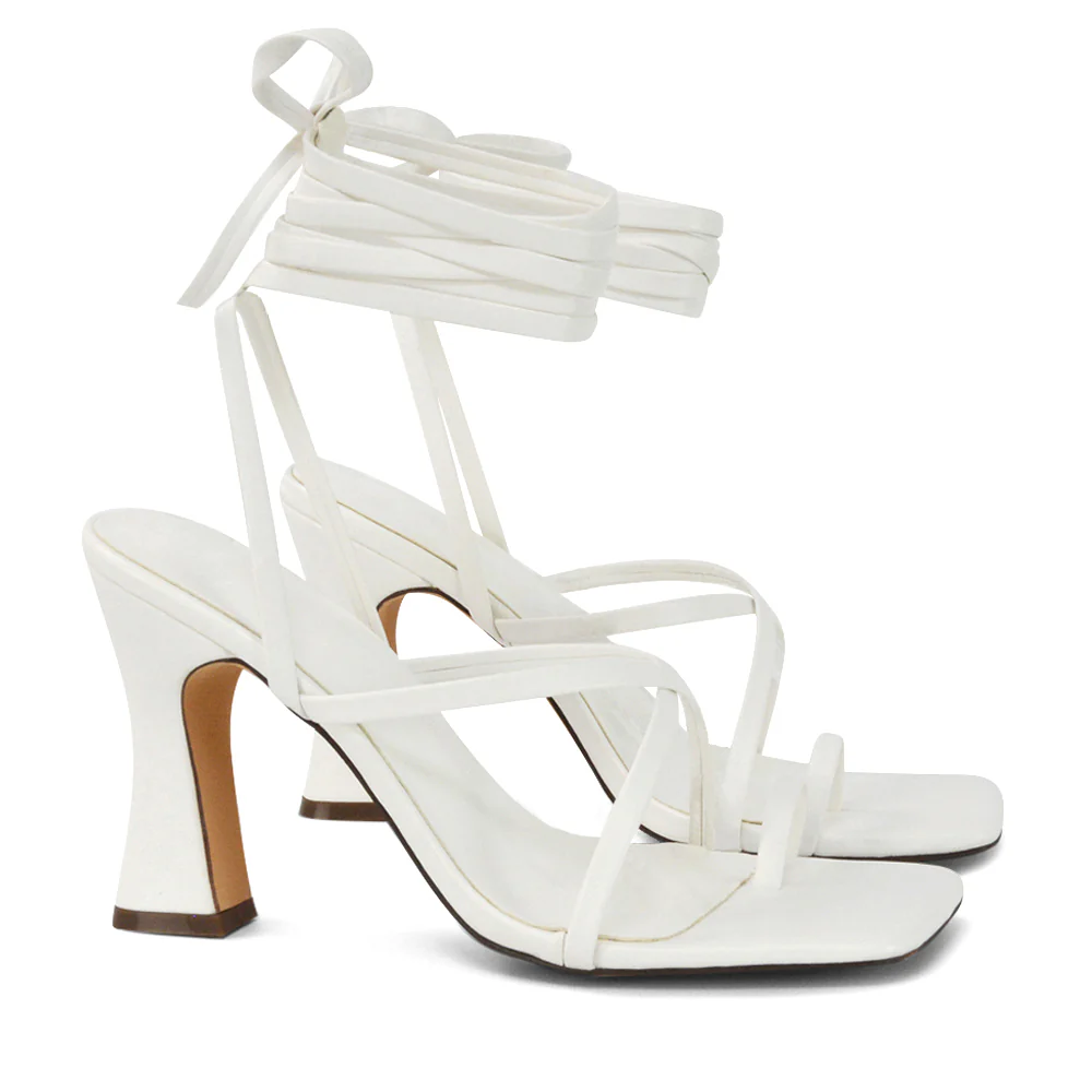 Dylan Square Toe Lace up Strappy Block High Heel Sandals in Orange Synthetic Leather - Image 40