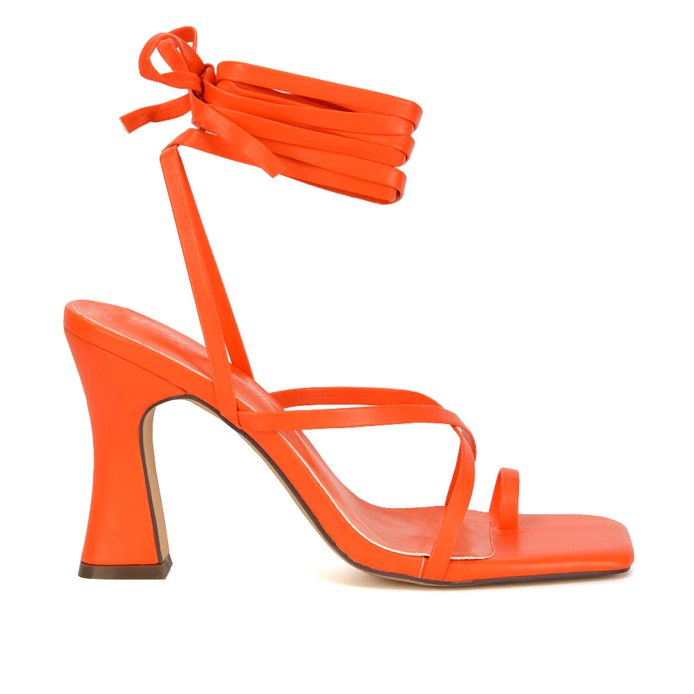 Dylan Square Toe Lace up Strappy Block High Heel Sandals in Orange Synthetic Leather - Image 69