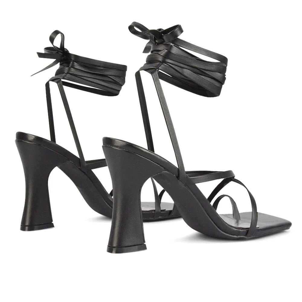 Dylan Square Toe Lace up Strappy Block High Heel Sandals in Orange Synthetic Leather - Image 7