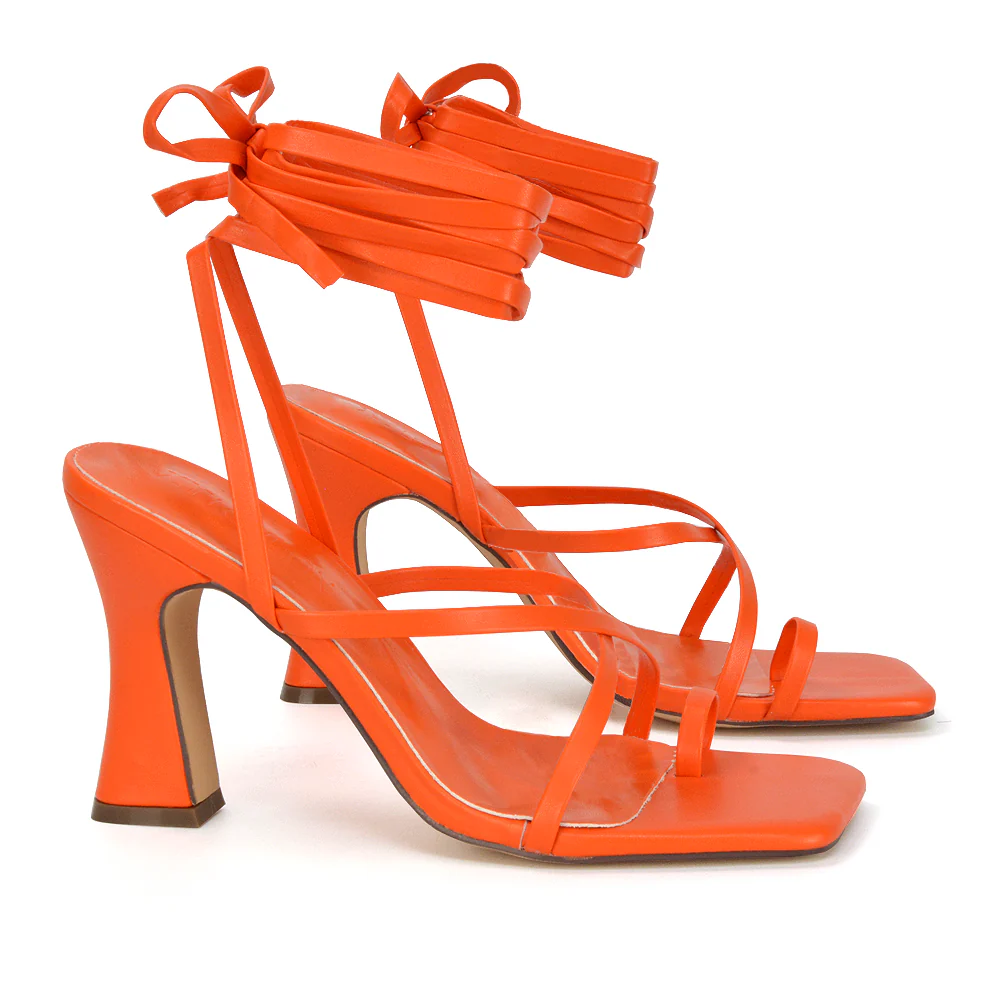 Dylan Square Toe Lace up Strappy Block High Heel Sandals in Orange Synthetic Leather - Image 74