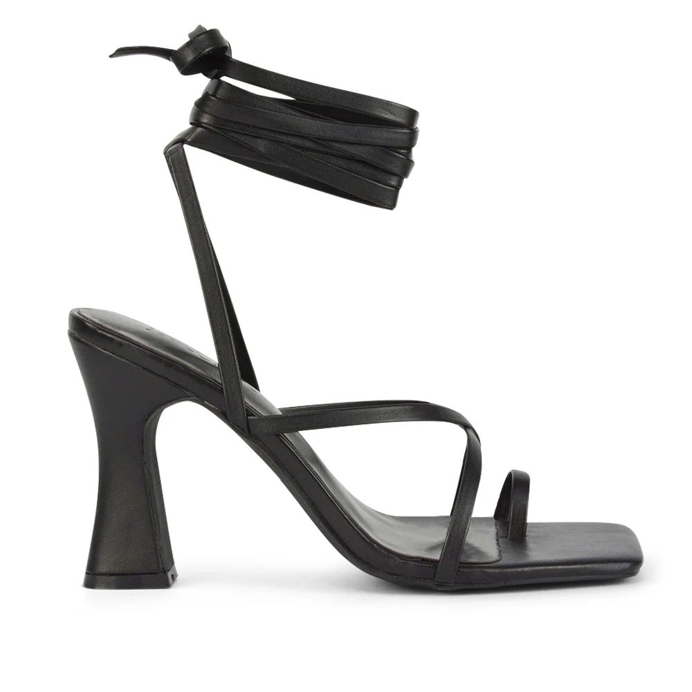 Dylan Square Toe Lace up Strappy Block High Heel Sandals in Pink Synthetic Leather - Image 10