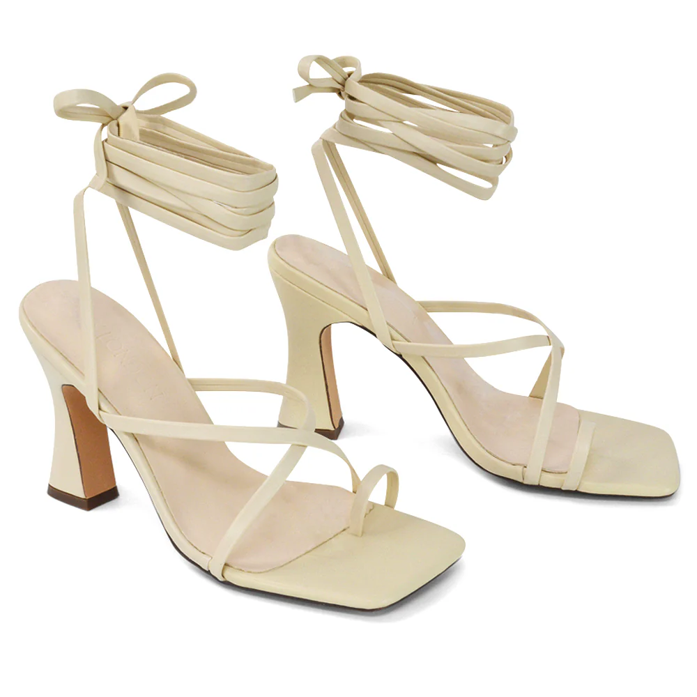 Dylan Square Toe Lace up Strappy Block High Heel Sandals in White Synthetic Leather - Image 111