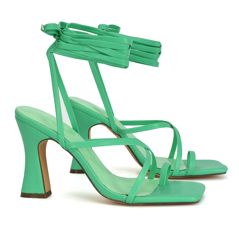 Dylan Square Toe Lace up Strappy Block High Heel Sandals in White Synthetic Leather - Image 29