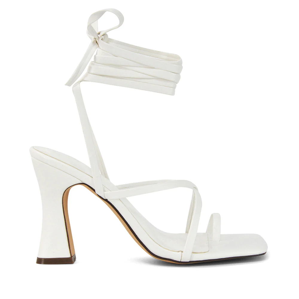 Dylan Square Toe Lace up Strappy Block High Heel Sandals in White Synthetic Leather - Image 42