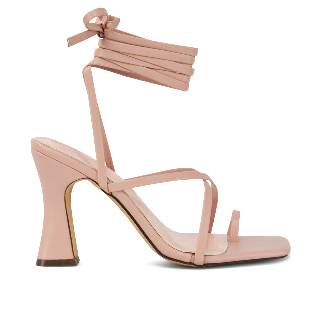 Dylan Square Toe Lace up Strappy Block High Heel Sandals in White Synthetic Leather - Image 82