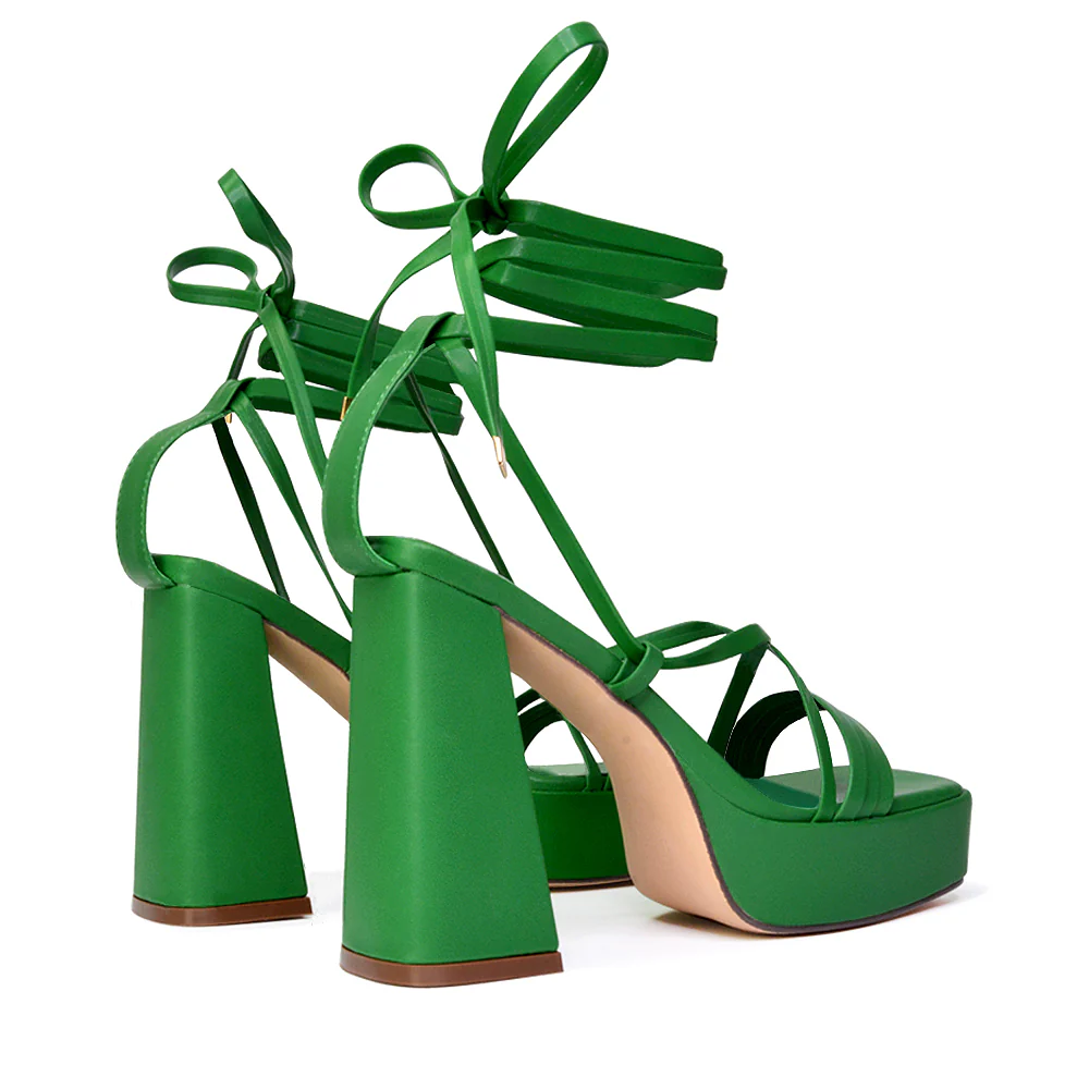 Eden Square Toe Lace Up Strappy Platform Flared Block High Heels in Black - Image 8