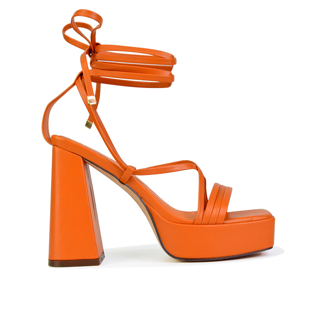 Eden Square Toe Lace Up Strappy Platform Flared Block High Heels in Green - Image 74