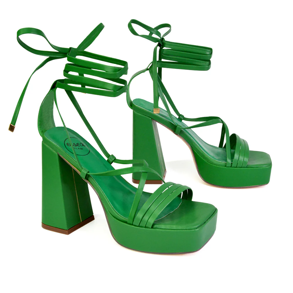 Eden Square Toe Lace Up Strappy Platform Flared Block High Heels in Orange - Image 13