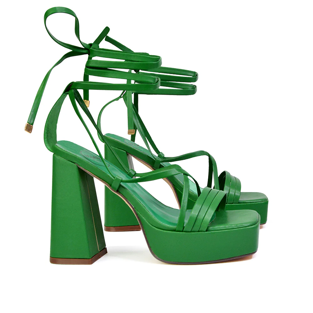 Eden Square Toe Lace Up Strappy Platform Flared Block High Heels in Orange - Image 15