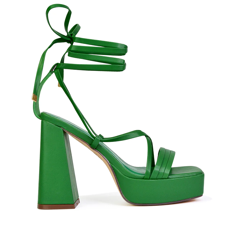 Eden Square Toe Lace Up Strappy Platform Flared Block High Heels in Orange - Image 18