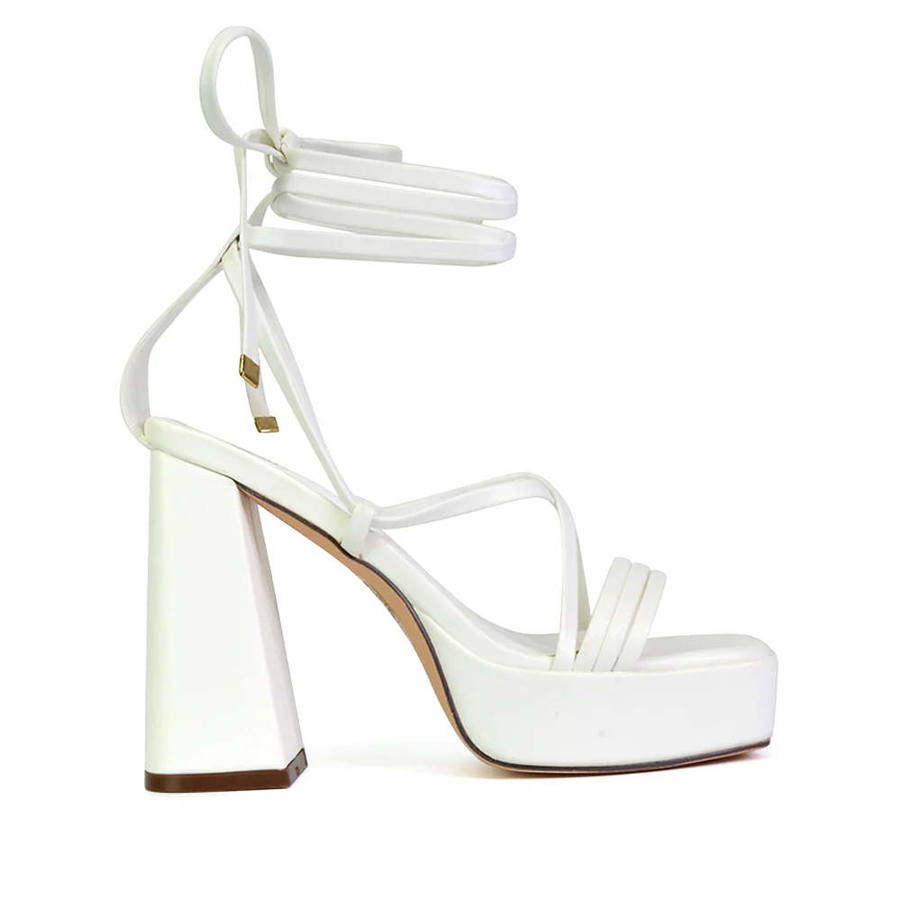 Eden Square Toe Lace Up Strappy Platform Flared Block High Heels in White - Image 35