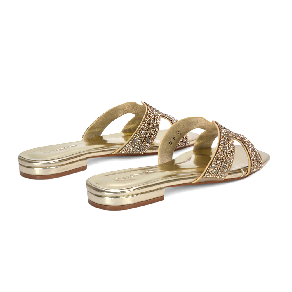 Elanie Diamante Slip On Slider Cut Out Strap Flat Holiday Sandals in Silver Metallic - Image 16
