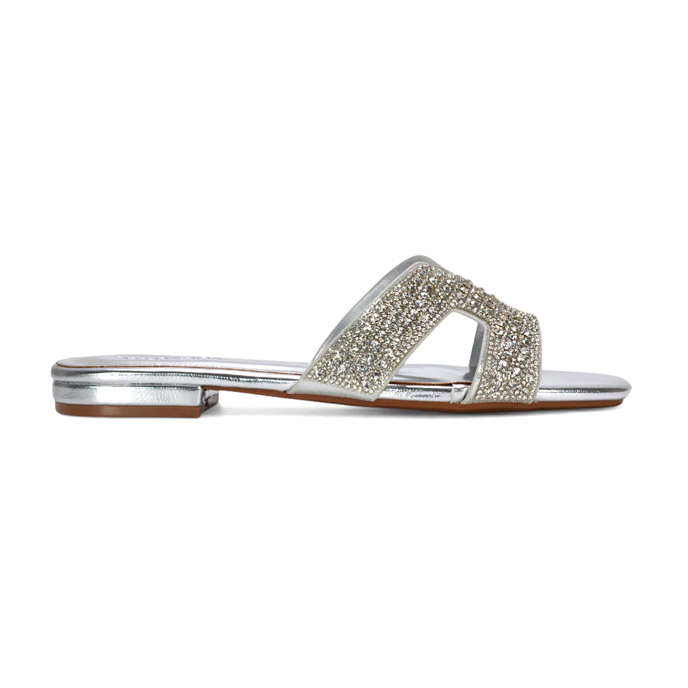Elanie Diamante Slip On Slider Cut Out Strap Flat Holiday Sandals in Silver Metallic - Image 5